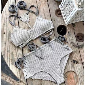 Viper Ecru Cotton Crochet Sode Tie Lace Up Bikini